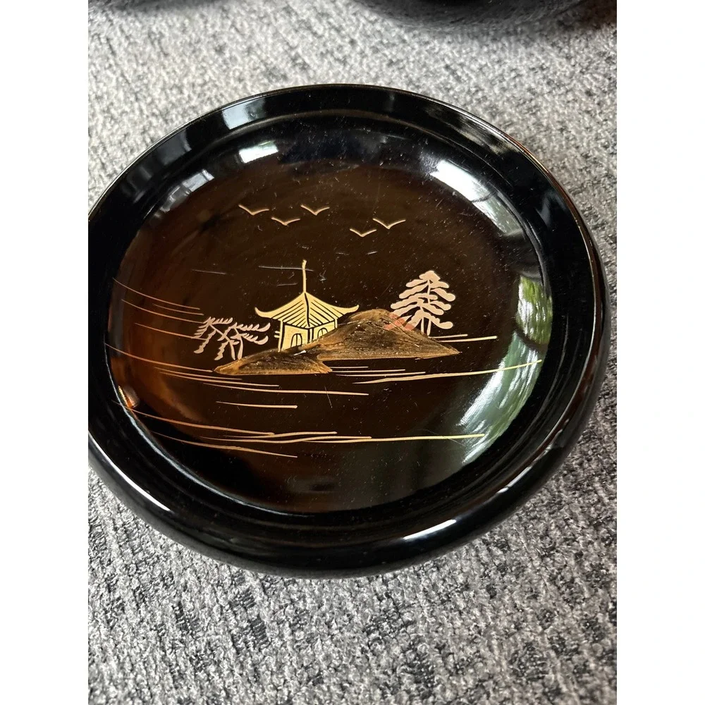 VTG Japanese Lacquerware Salad Bowls Set  of 6 Black Gold Landscape‎ Mt Fuji Art
